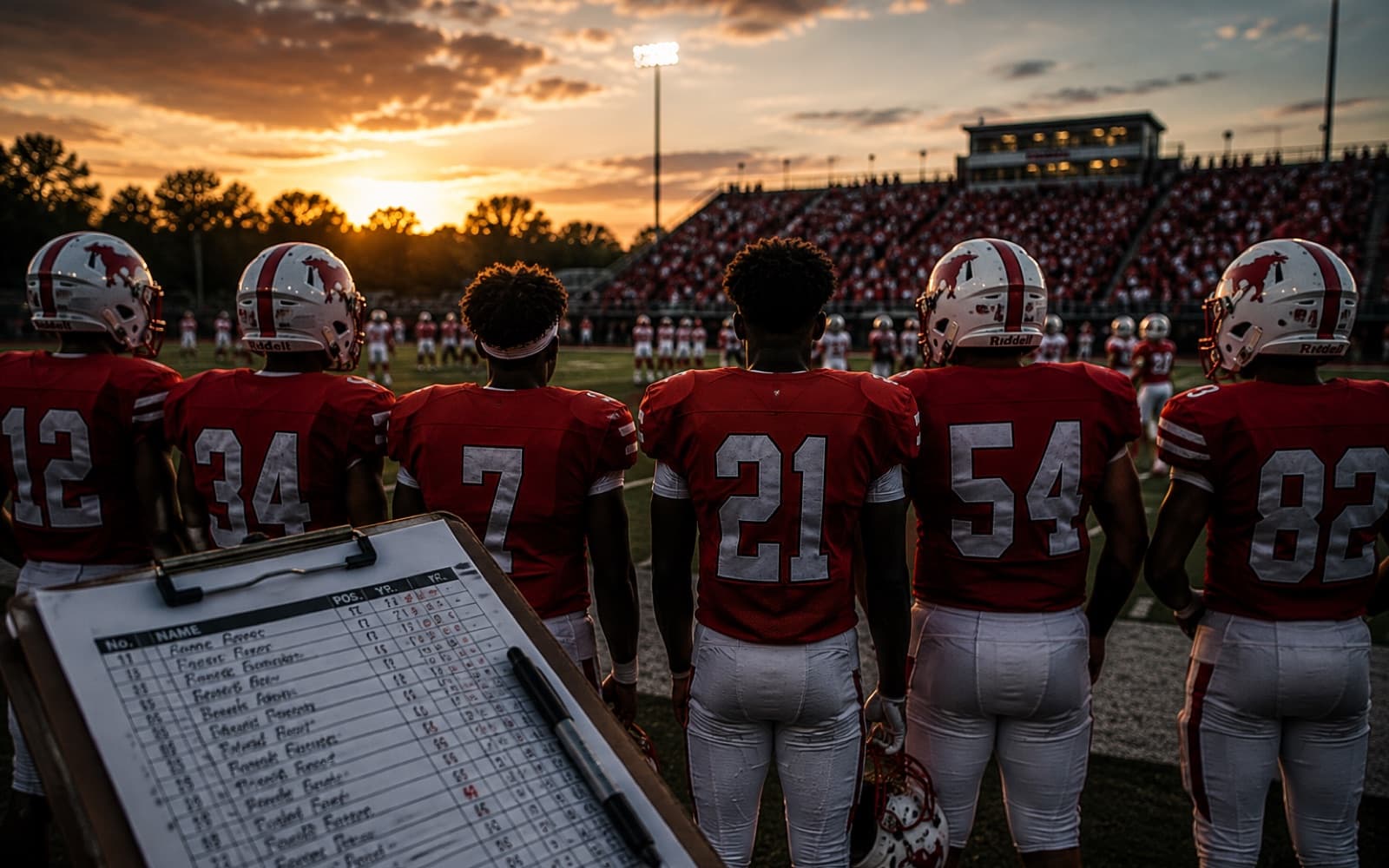 A row of players in uniform seen from behind on the sideline, a roster clipboard in the foreground