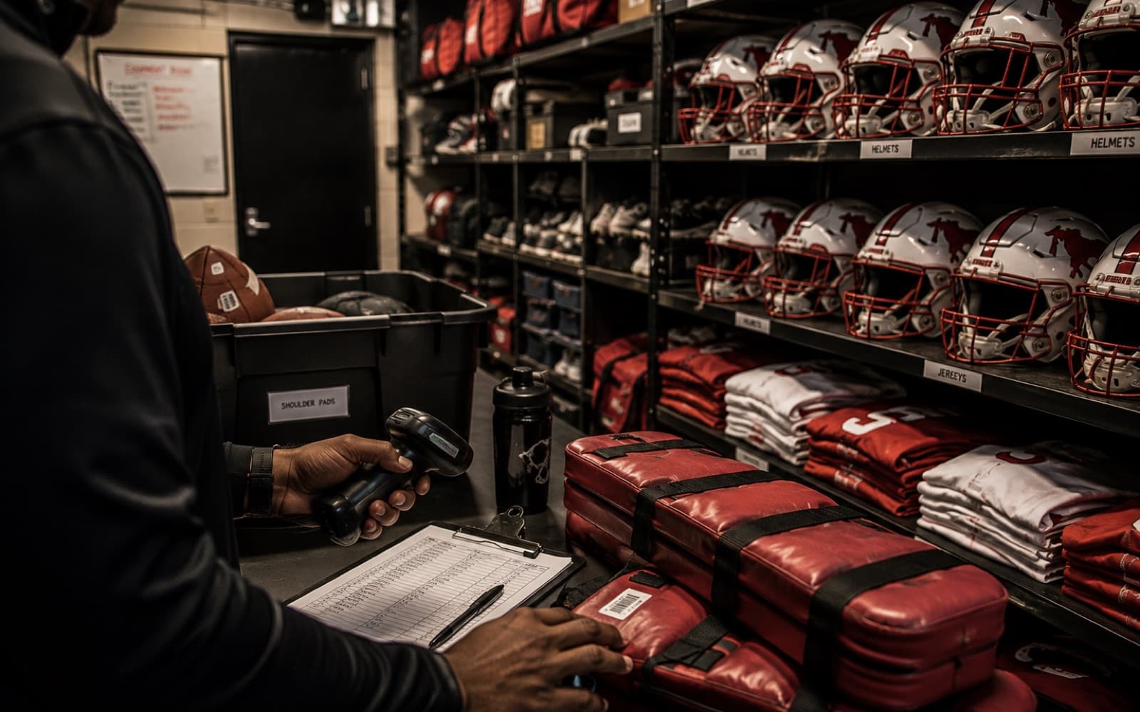 An equipment room with shelves of helmets and folded jerseys, a scanner and check-in clipboard in the foreground