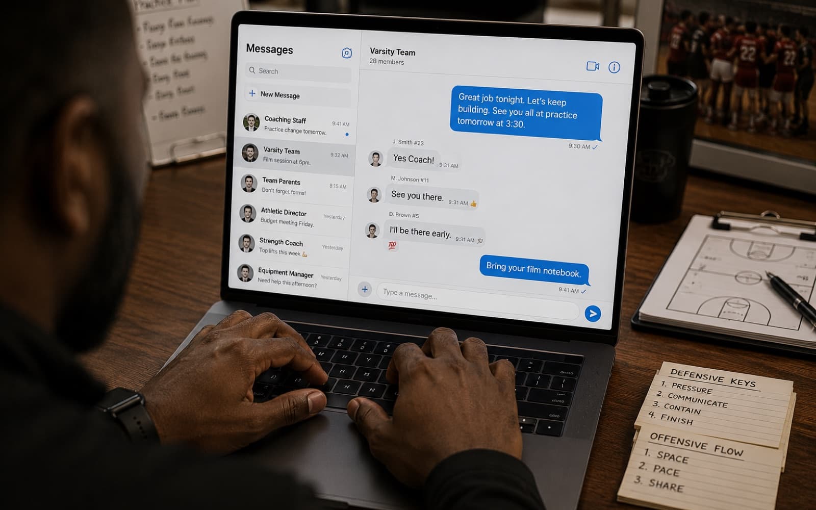 A coach at a laptop working through the program's team message threads