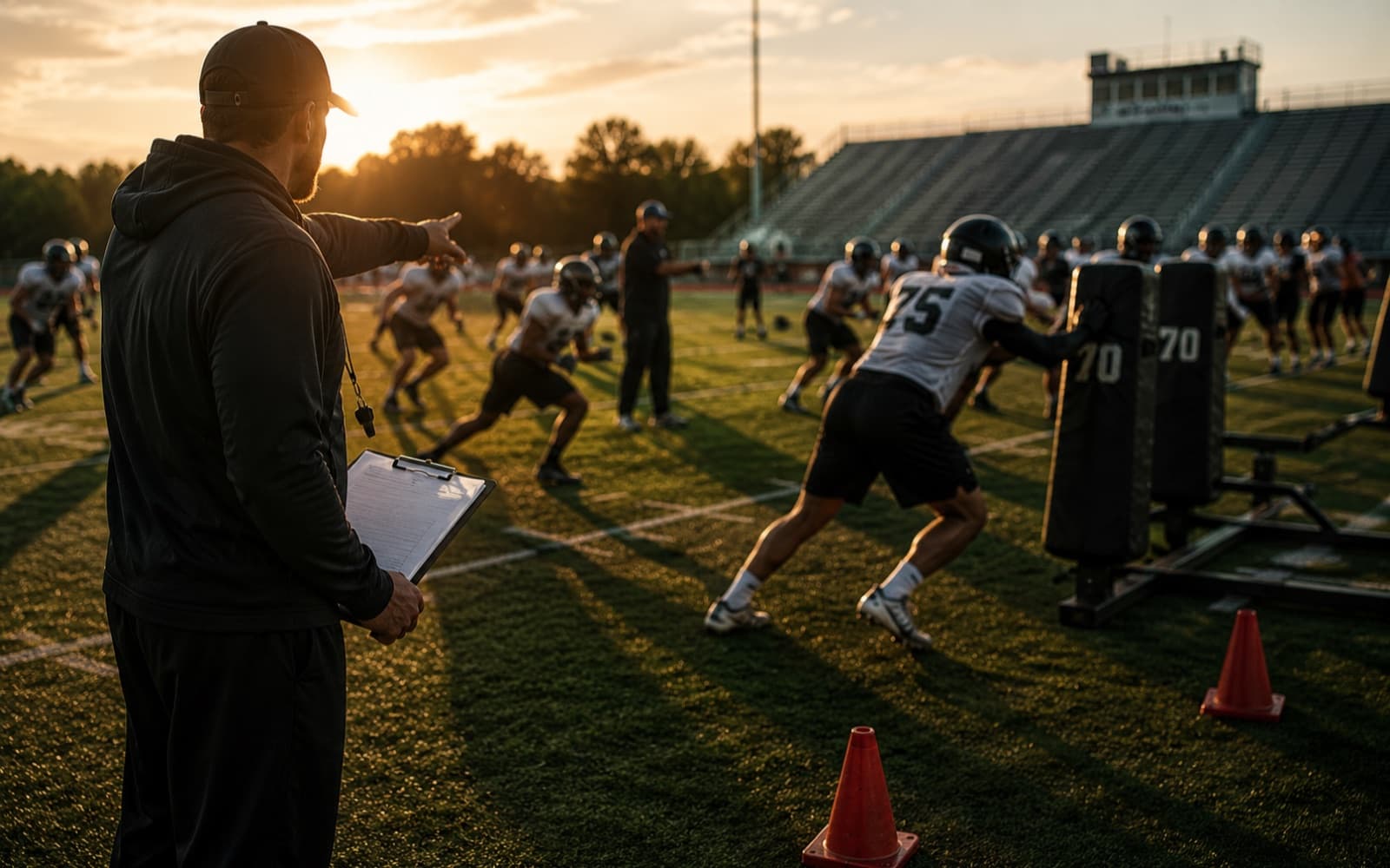 A coach with a clipboard running a football practice at golden hour, players working through blocking-sled drills