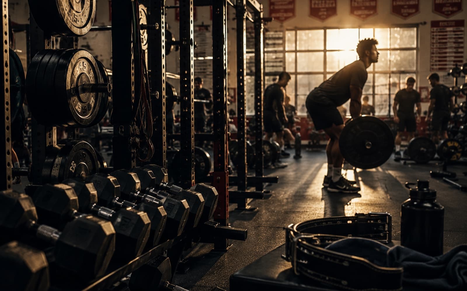 A high school weight room at golden hour: loaded racks and dumbbells with an athlete mid-lift