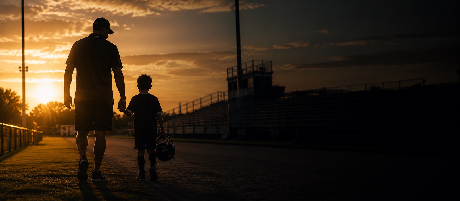 A coach walking off the field at sunset holding a child's hand