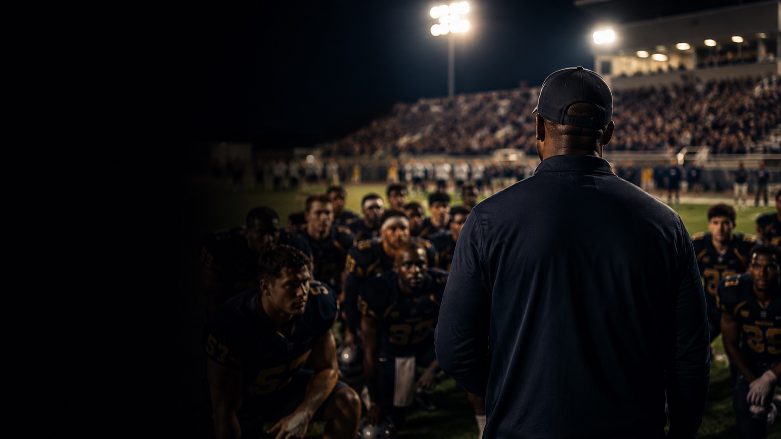 A coach seen from behind standing on a football field at night, his team in front under the stadium lights