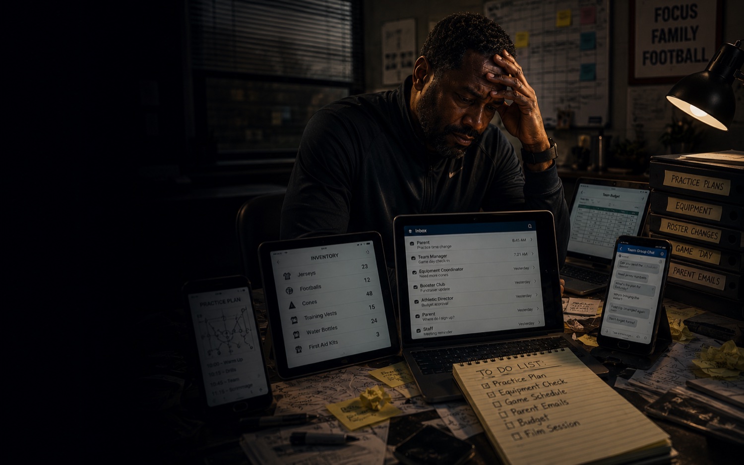 A stressed coach at a cluttered desk surrounded by tablets, a laptop, phones, sticky notes, and binders